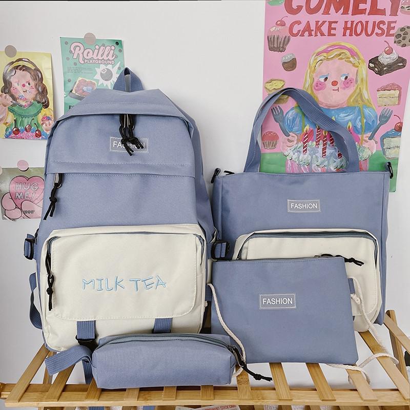 Mochila Oxford Harajuku para chica, bolso escolar de gran capacidad, bolsas para libros de estudiantes, 4 piezas: LightBlue