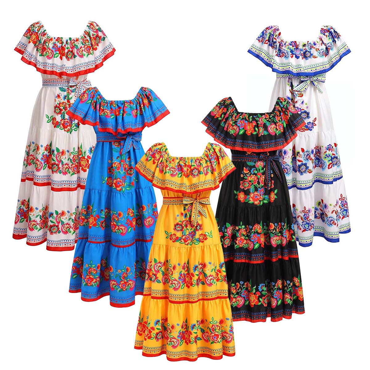Mexican Traditional Ethnic Mexican Cinco De Mayo Summer Floral Print Off Shoulder Women Mexican Dress
