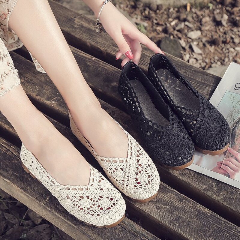 Zapatos de mujer, verano , tela con huecos de encaje, zapatos de guisantes, zapatos planos informales para mujer, mocasines de tela tejida a mano de fondo suave transpirable
