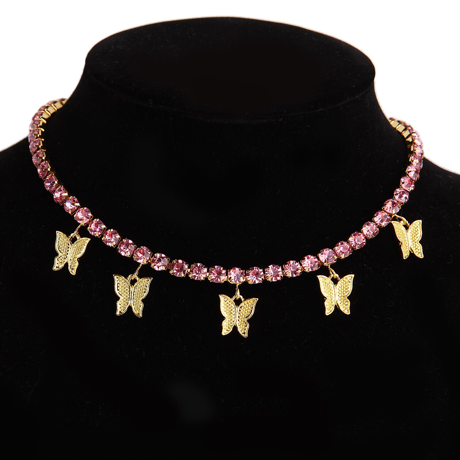 Shiny Rhinestone Crystal Butterfly Chain Pendant Necklaces Choker for Women Girl's Trendy Anniversary Punk Jewelry Party: Pink Gold