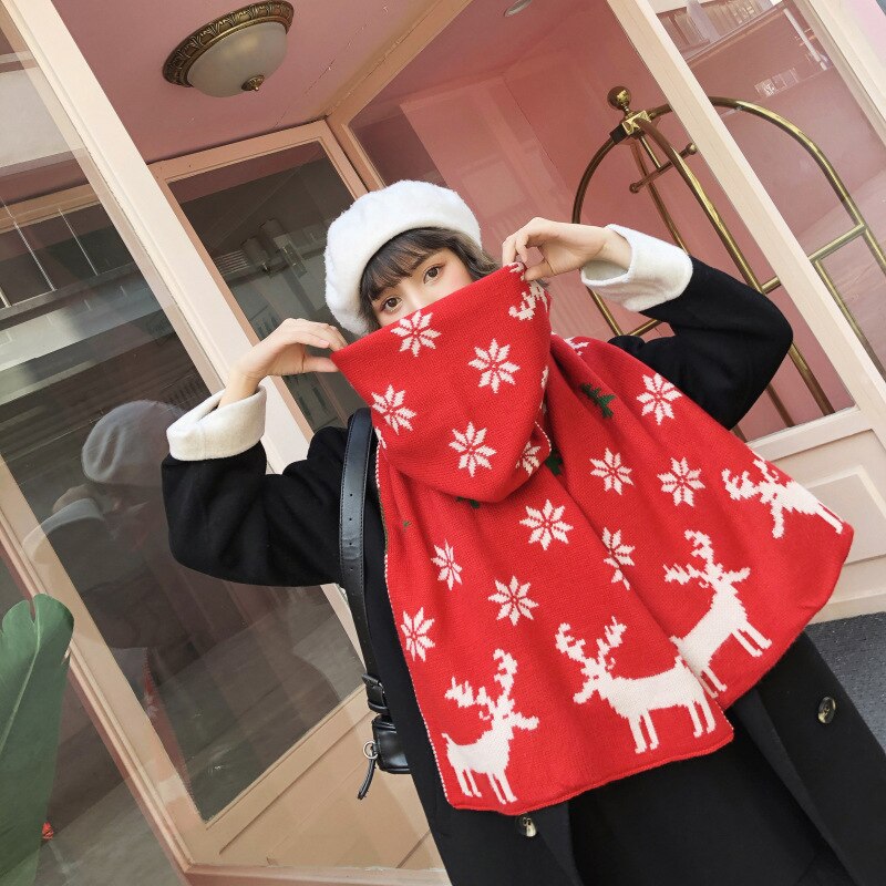 Johnature hiver noël écharpe dessin animé imprimer femmes laine Jacquard 14 couleurs noël femmes écharpes: T01 Big red