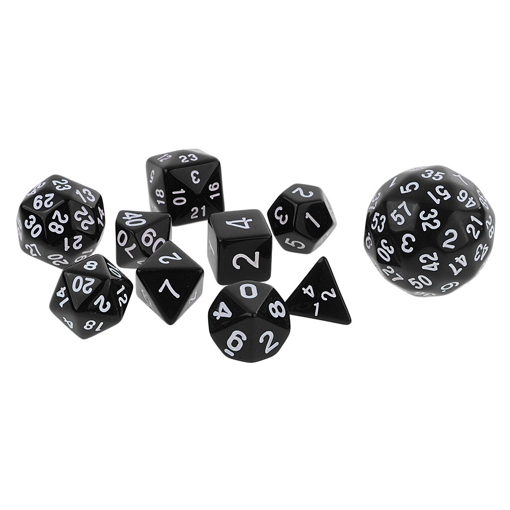 Pacote de 10 dados Set-D4, d6, d8, d10, d12, d20, d24, d30, d60 dados acrílicos multicolorido jogo de tabuleiro dados festa jogos de azar: Black