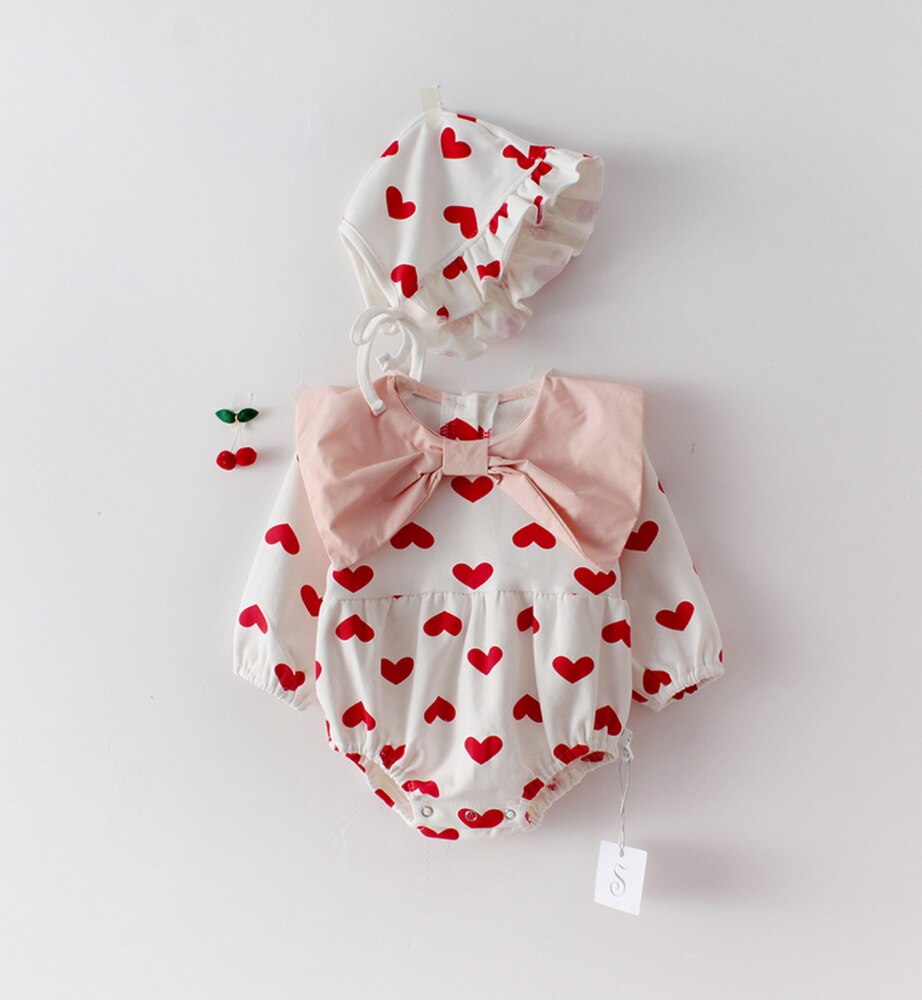 Liefde Hart Baby Meisje Romper Valentijnsdag Boog Lange Mouw Prinses Bodysuit Gratis Hoed Baby Kleding E92117: 66cm 0-6M