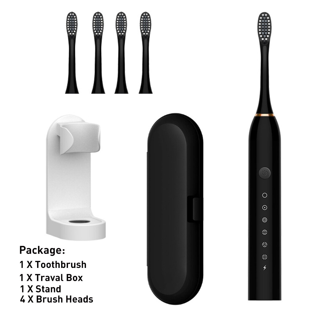 Rechargeable Sonic Electric Toothbrush Adult Timer Brush 42000 time/min Ultrasonic Washable Electronic Whitening Teeth Brush: Black A Sets