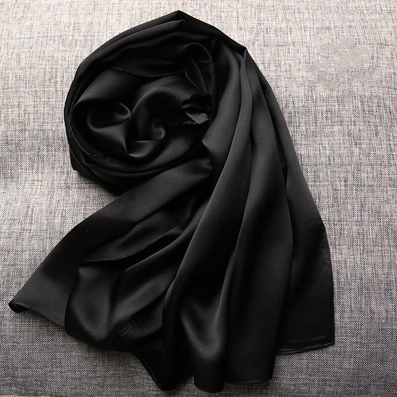 100% cachecol de seda pura e macia, cachecol longo de seda para mulheres, xales de seda de qualidade para meninas e mulheres: Black