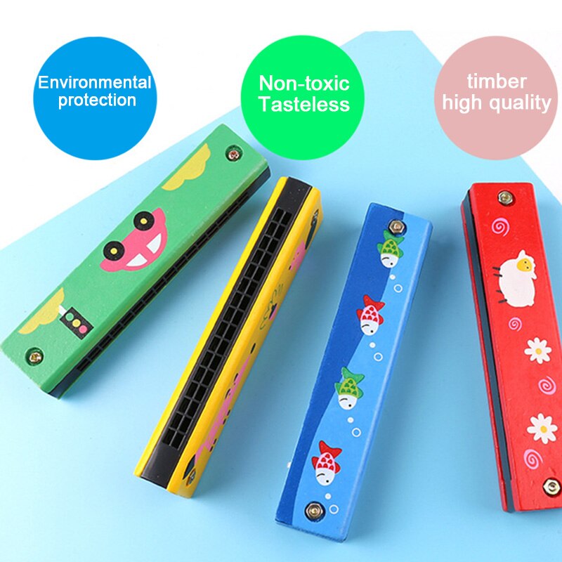 Double Row 16 Hole Harmonica Musical Instruments Children's Wooden Painted Harmonica Early Education Toy Teaching