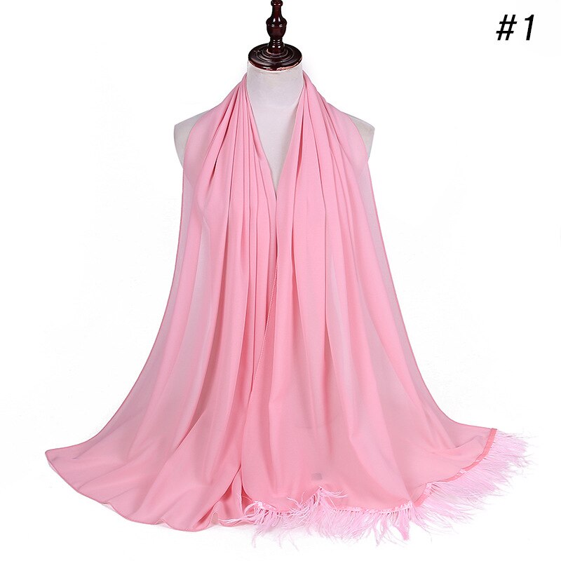 Trend Feather Hijabs Turban Chiffon Single-Side Short Feather Stitching Scarf Long Shawl For Muslim Women Headscarf: 1 pink