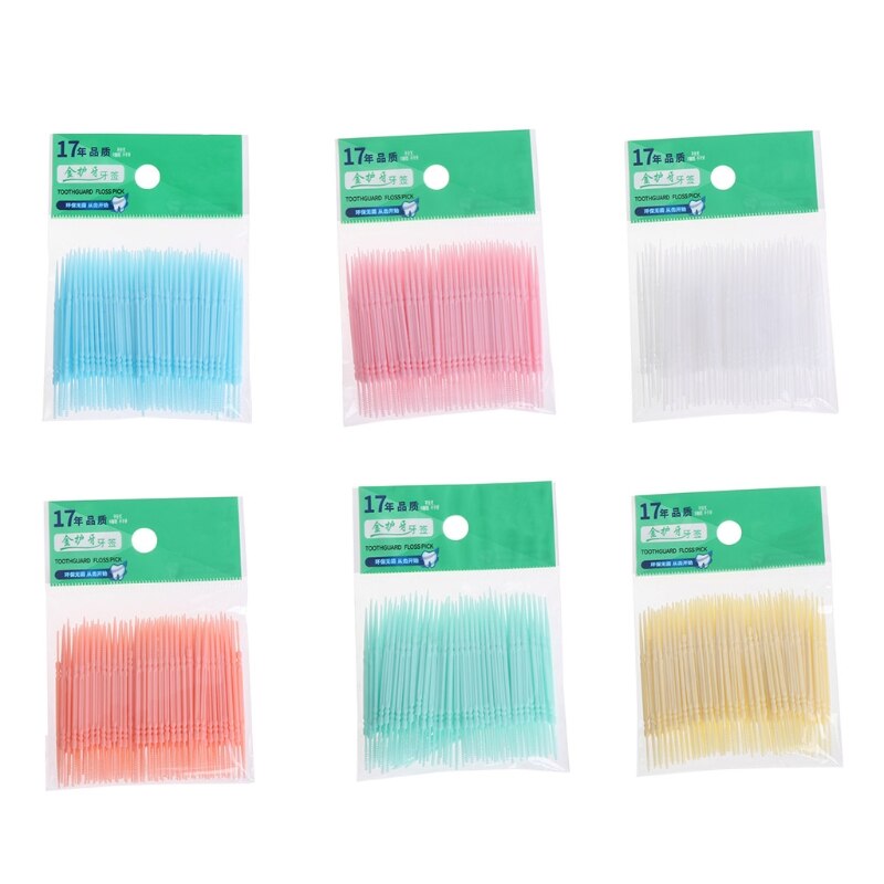 100Pcs/Lot Soft Plastic Double-headed Brush Stick Floss Pick Toothpick Oral Care