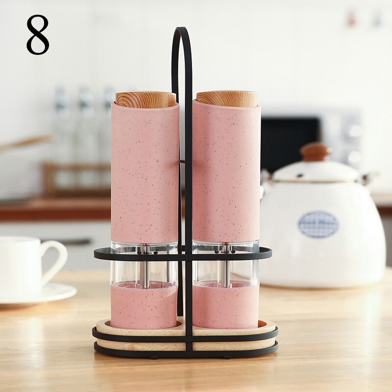 Electric Salt Pepper Grinder with LED Light Automatic Spice Mill Wheat Straw Grinders Shaker Adjustable Coarseness Ceramic Core: 2Pcs Pink with Stand