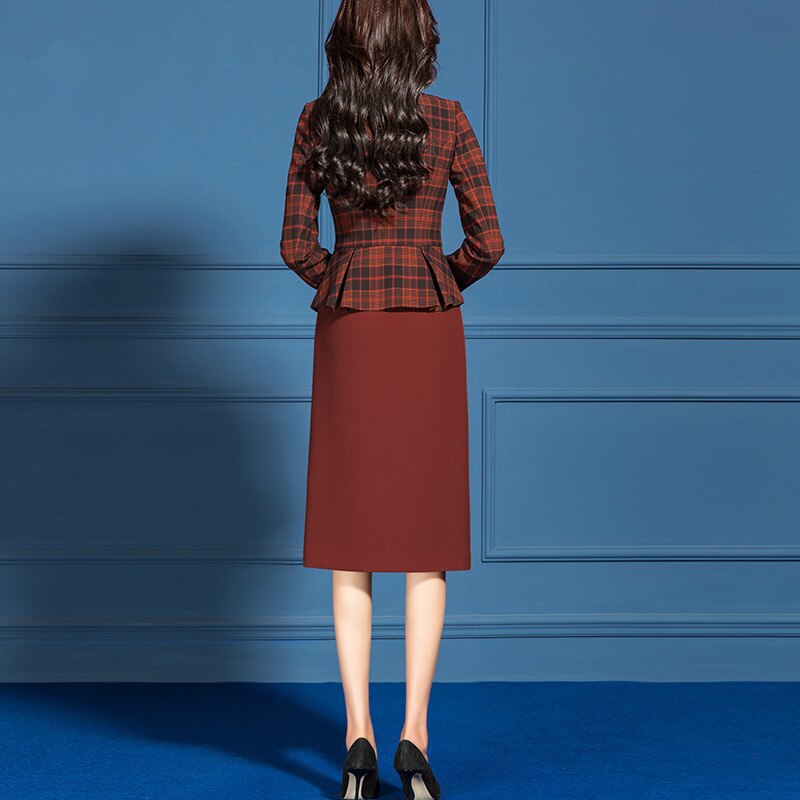 Trajes elegantes de oficina para mujer, ropa Formal de negocios, chaqueta Blazer a cuadros Vintage, vestido de talla grande hasta la rodilla, conjunto de 2 piezas