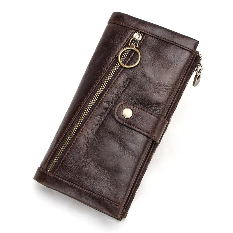 CONTACT'S 100% Genuine Leather Men Wallet Multifunction Long Purse with Coin Pocket Zipper Cartera Male Card Holder Rfid Wallets: Coffee