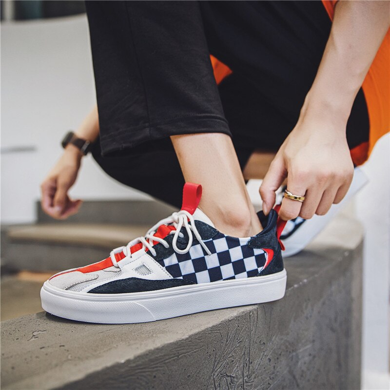 Heren schaakbord canvas schoenen, heren zwart-witte skateboardschoenen, heren casual schoenen, maat 39-44: Blauw rood / 40