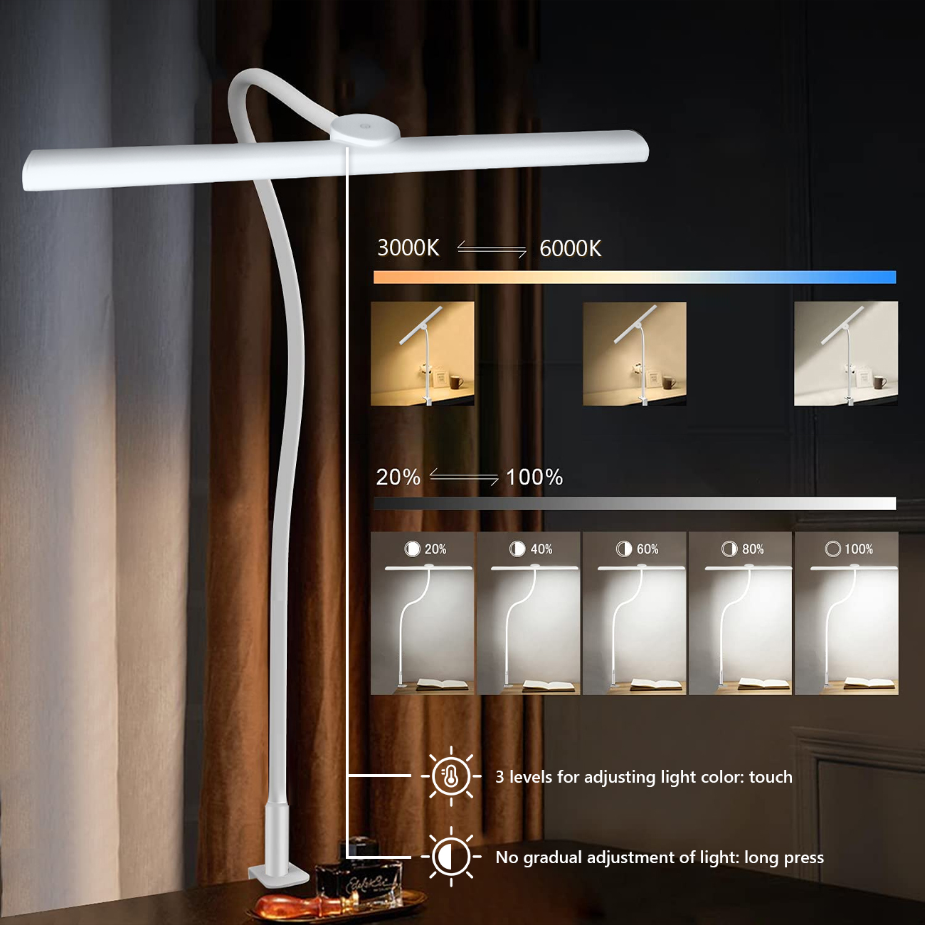 Een Bureaulamp Met Klem, 3 Kleurmodi, Flexibele Zwanenhals Klemlamp, Oogverlichting 18W Touch + Afstandsbediening Kleurhelderheid