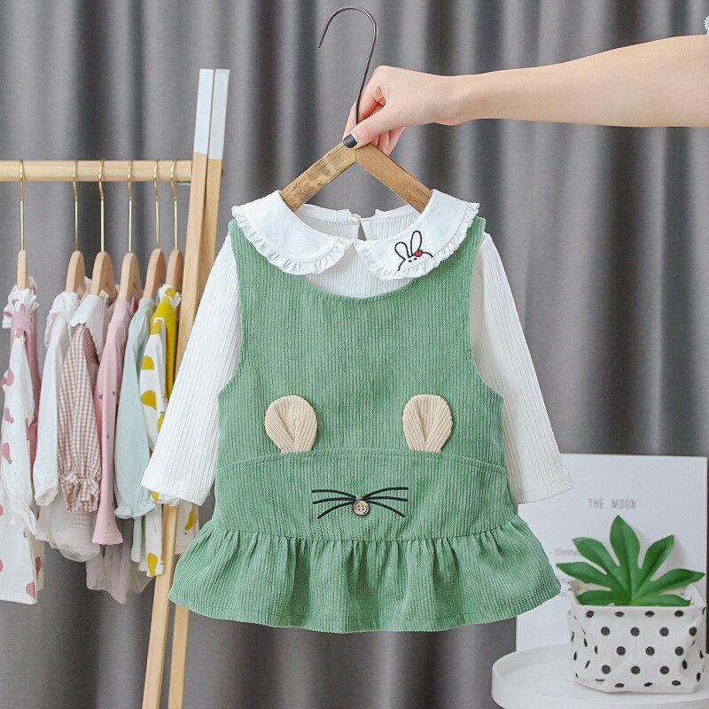 Lente Baby Baby Peuter Jurk Corduroy Band Jurk Baby Herfst Condoleren Riem Jurk Schattige Pop Kraag Twee Stuk Pak jurken: green / 6 to 12 Months