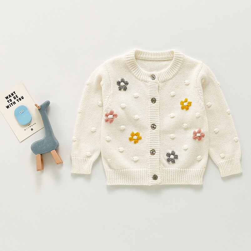 Zoete Koreaanse Stijl Leuke Bloem Borduren Meisje Volledige Mouw Trui Vest Lente Herfst Kinderen Kid Jasje: Beige / 3-6M