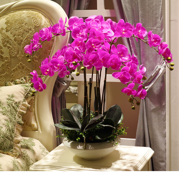 Arrangement de fleurs artificielles de grande taille | En PU, sensation à la main, orchidée, fleur bonsaï, bouquet de fleurs luxueux, uniquement sans vase