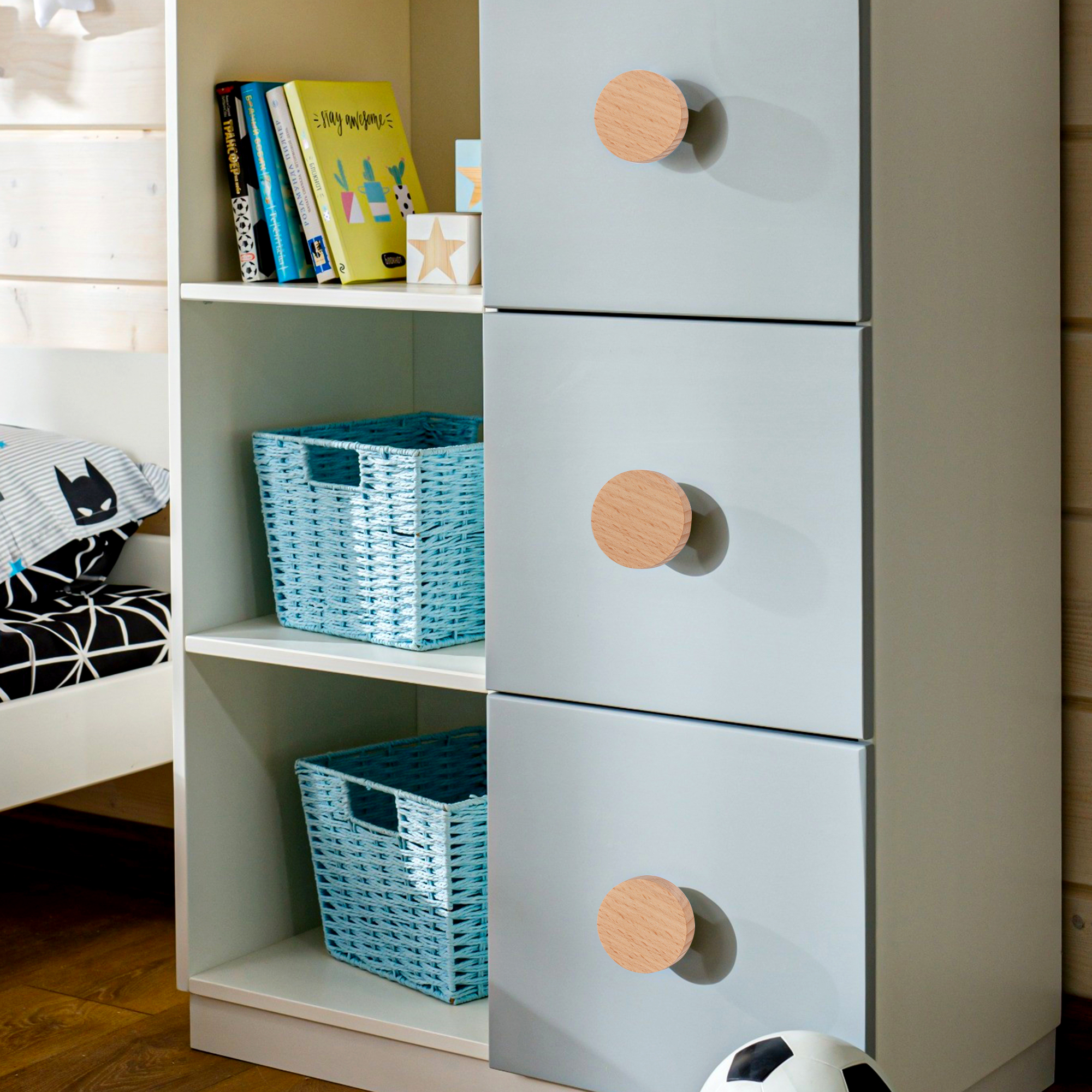 Round Wooden Cabinet Knobs Wood cupboard Furniture Wardrobe Drawer Pulls Handles with Screws for Wardrobe Dresser Closet