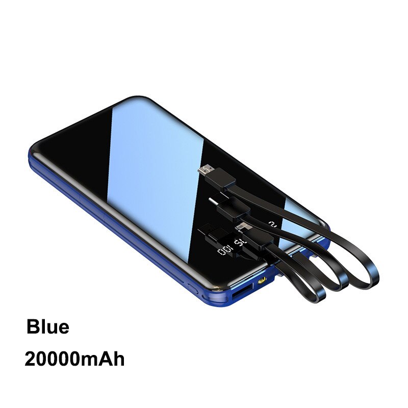 Pinzheng 20000Mah Draagbare Power Bank Full Screen Ingebouwde 3 Kabels Powerbank Voor Iphone Xiaomi Snelle Opladen Externe batterij: Blue 20000mAh