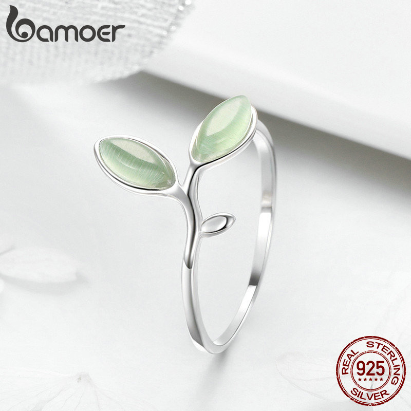 BAMOER 925 Sterling Silver Hope Green Tree Leaves Tree Buds Female Finger Rings for Women Sterling Silver Jewelry SCR453