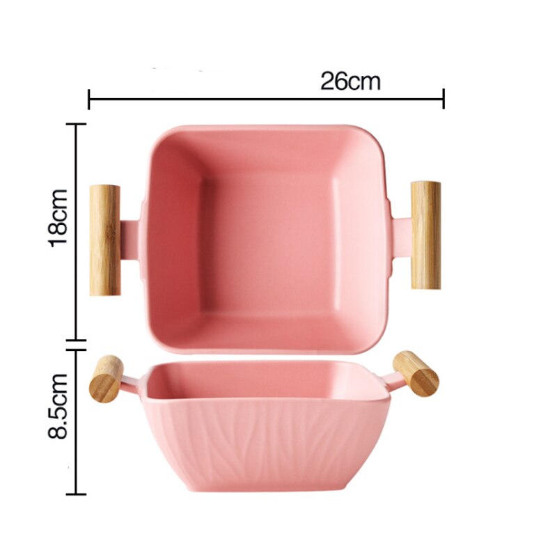 Keramische Vierkante Grote Soepkom Dubbele Oor Handvat Fruit Salade Creatieve Met Deksel Grote Capaciteit Servies Keuken Storage Tool: pink