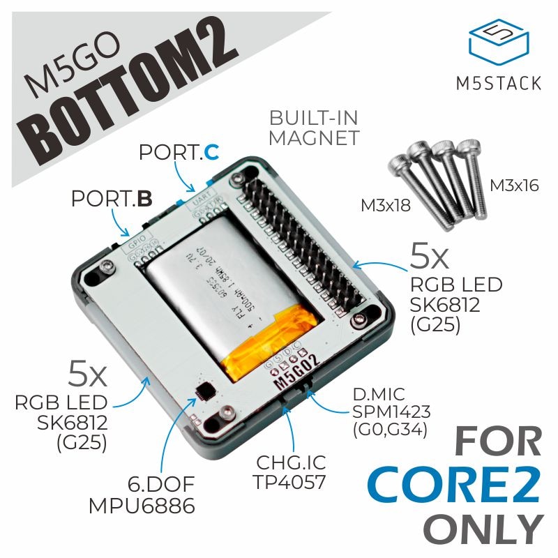 M5Stack Officiële M5GO Batterij Bottom2 (Voor Core2 Alleen) Met MPU6886 Digitale Microfoon (SPM1423) 500Mah Batterij Expansie Poort