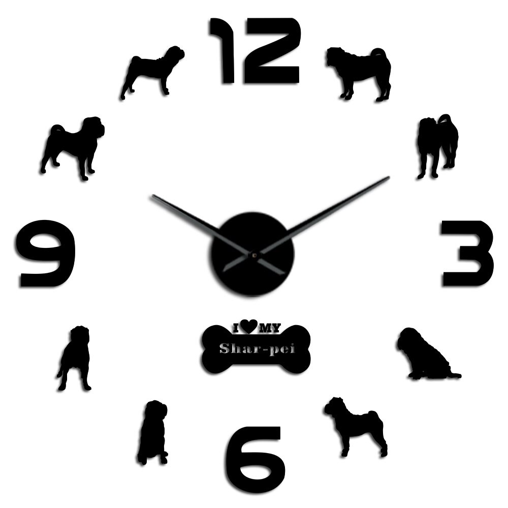 I Love My Shar pei Dog Breed DIY, reloj de pared grande para tienda de mascotas, arte de pared gigante para amantes de los perros, decoración Interior para el hogar, reloj silencioso shar-pei: Black / 37inch