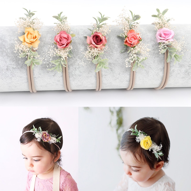 Kunstige rosenblomst blade pandebånd krans baby piger hoved hårbånd hårbøjle børn hår tilbehør diy krans hovedbeklædning