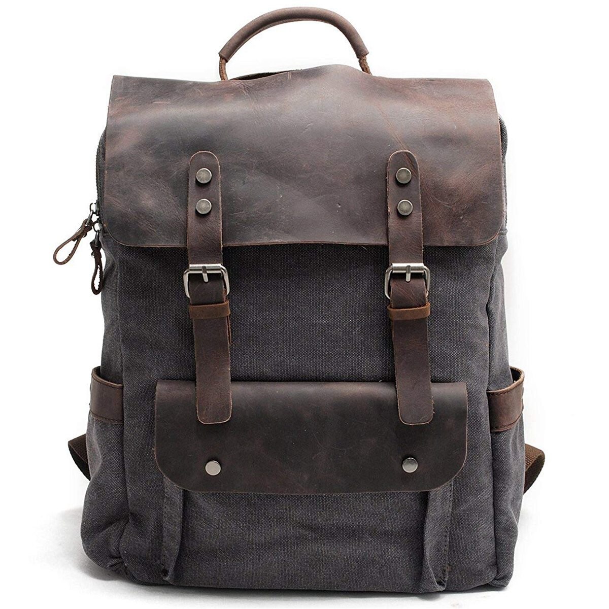 Men Leather Canvas Rucksack Laptop Backpack College School Bookbag(Dark Gray)