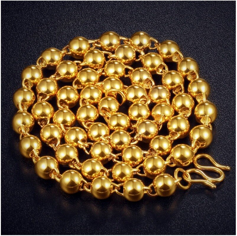 24k Oro Giallo Solido Rotondo Collana di Perle per Le Donne Degli Uomini 60 centimetri Tallone Sabbia Oro Maschile Collana di Cerimonia Nuziale Della Catena partito Gioielleria Raffinata Regali