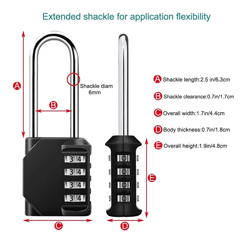 MOOL 2x Zinc Alloy 4-Digit Code Locks Anti-Theft Padlocks Long Beam Padlocks Weatherproof and Self-Recovery Locks