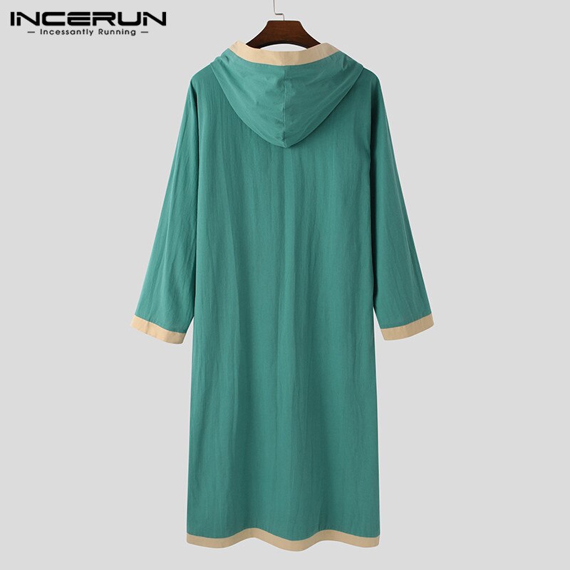 Incerun muçulmano kaftan homem islâmico árabe jubba thobe com capuz retalhos lazer manga longa roupões dubai abaya roupas masculinas plus size