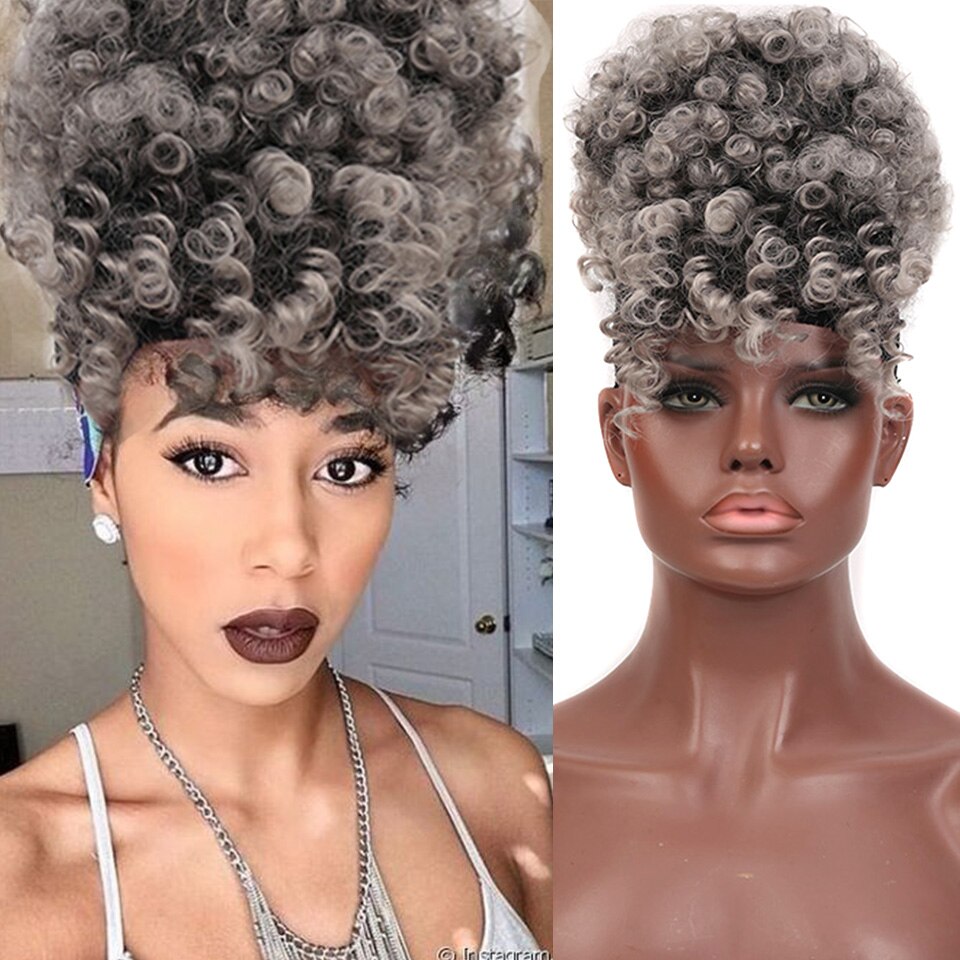 HOUYAN African chignon with bangs curly synthetic natural high temperature fluffy ponytail for women: 1BT613