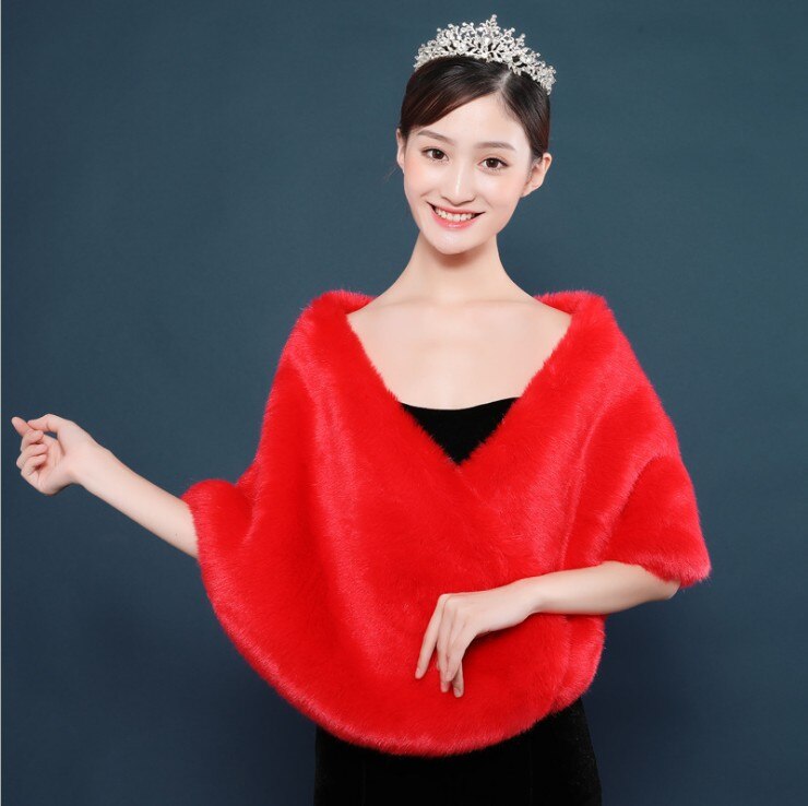 verrotten Schwarz Pelz Faux Winter Bolero Frauen Braut Schal Hochzeit Kap Auf Lagerbier Braut Mäntel Hochzeit Mantel Jacke Für Abend Party: rot ohne Brosche