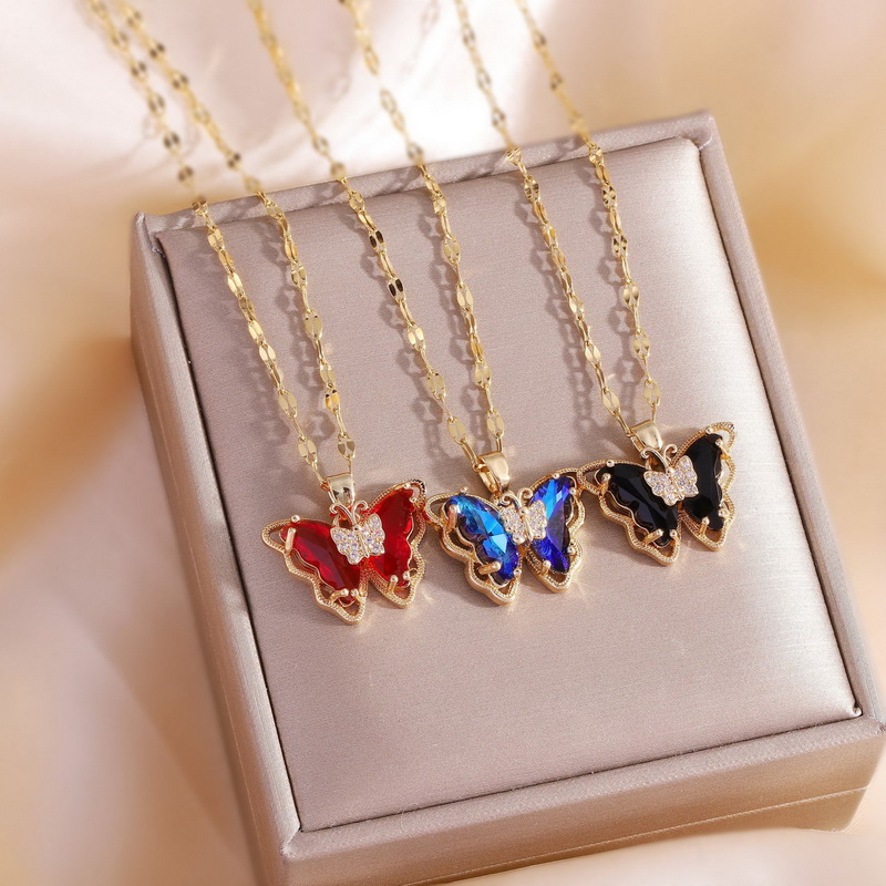 Nova moda de luxo zircão borboleta pingente colar para mulheres meninas aço inoxidável clavícula corrente feminino elegante festa jóias