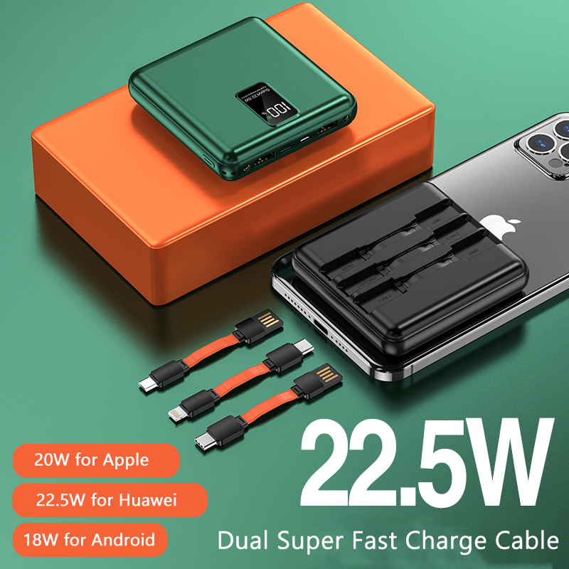 20000 mah mini-powerbank 22.5w schnellladefunktion, inklusive usb-typ-c-kabel, kompatibel mit iphone, huawei, samsung und xiaomi.