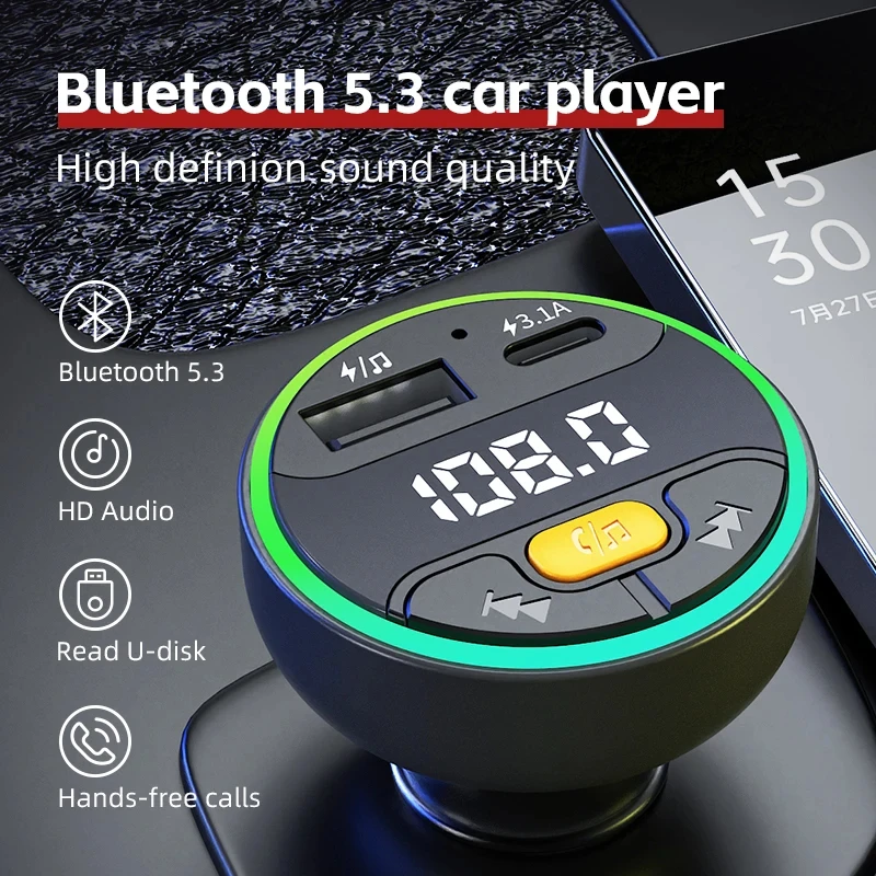 Bluetooth 5.3 fm- sendermodulator, trådløs bil, usb-hurtigopladeradapter, auto-aux-radio,  mp3- afspiller musik, håndfrit bilsæt