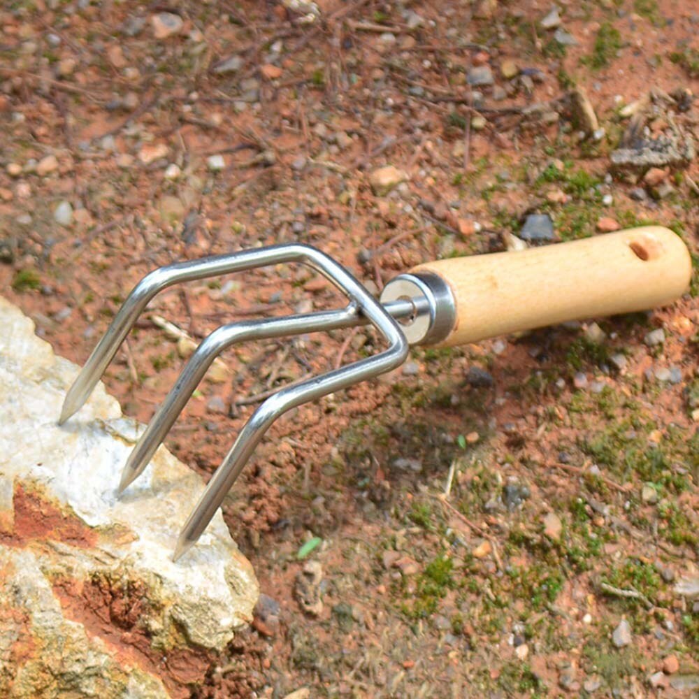1 pcs Mini Tuin Hark Rvs Hark Met Houten Handvat Sterke Korte Stevige Grip Klauw Hark Tuin Tool