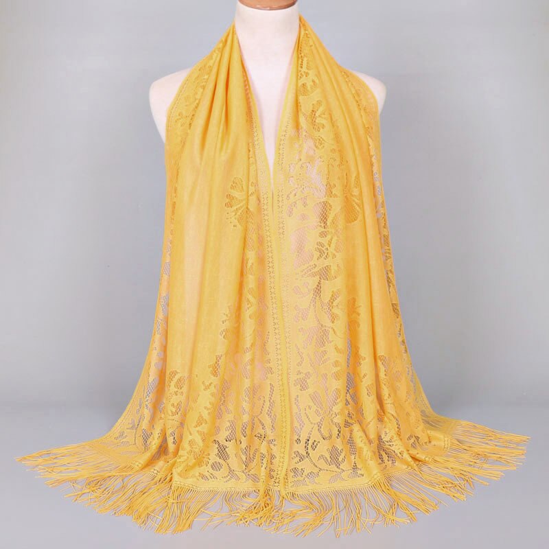Hollow Out Flower Lace Hijab Sjaal Vrouwen Effen Kleur Vlakte Moslim Hoofd Haar Sjaals Wraps Winter Wit Zwart Rood: YELLOW