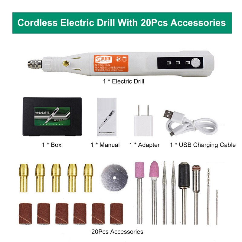 105/125/161/181Pcs Mini Cordless Electric Grinder Drill 3 Speed Adjustable USB Grinding Accessories Set Power Tools Engrave Pen: Drill With 20Pcs
