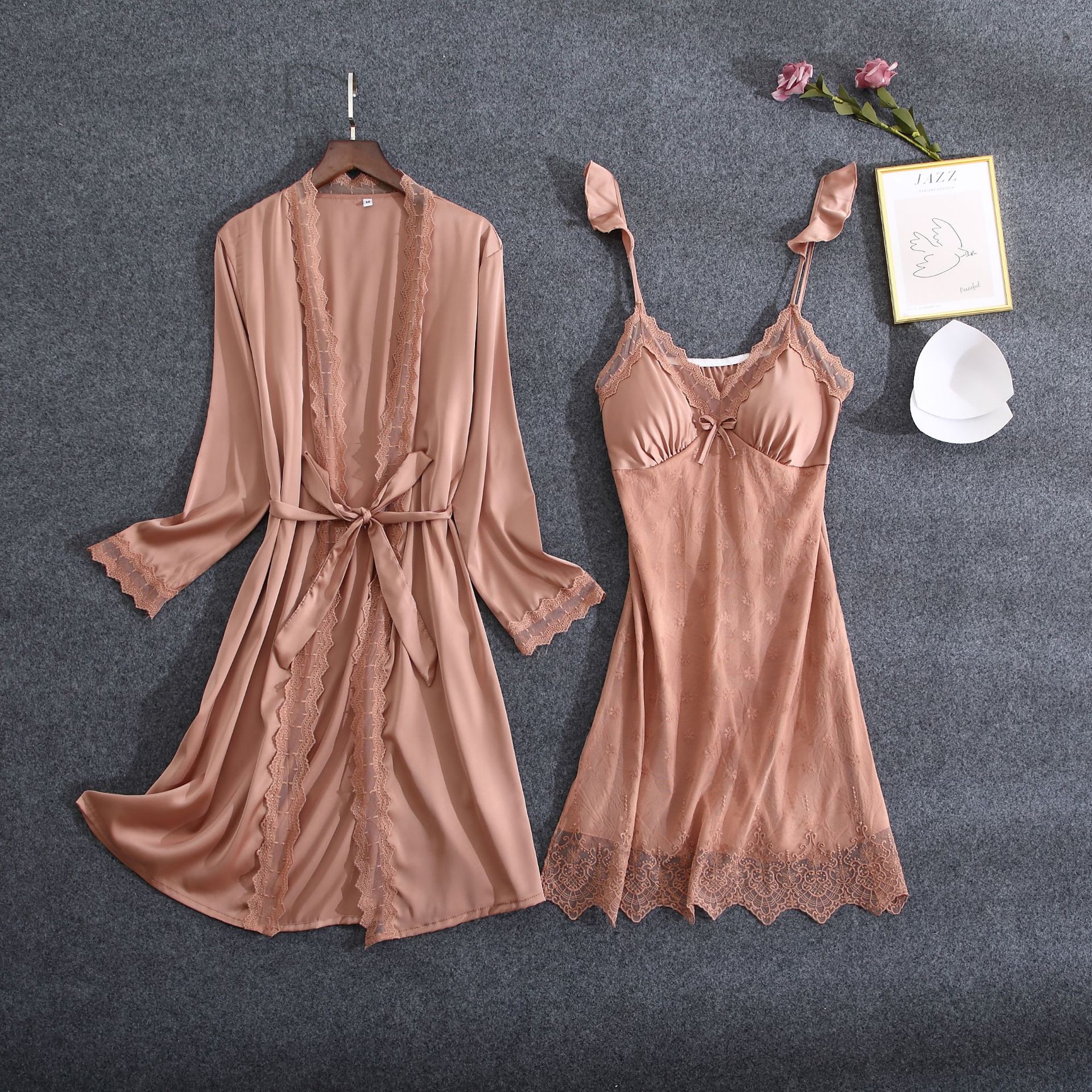 Wit Kant Bruid Bruidsmeisje Wedding Robe Set Vrouwen Zomer Nachtkleding Kimono Badjas Gown Losse Toevallige Slaap Pak Sexy Huis Jurk: M / Pink Robe Set A