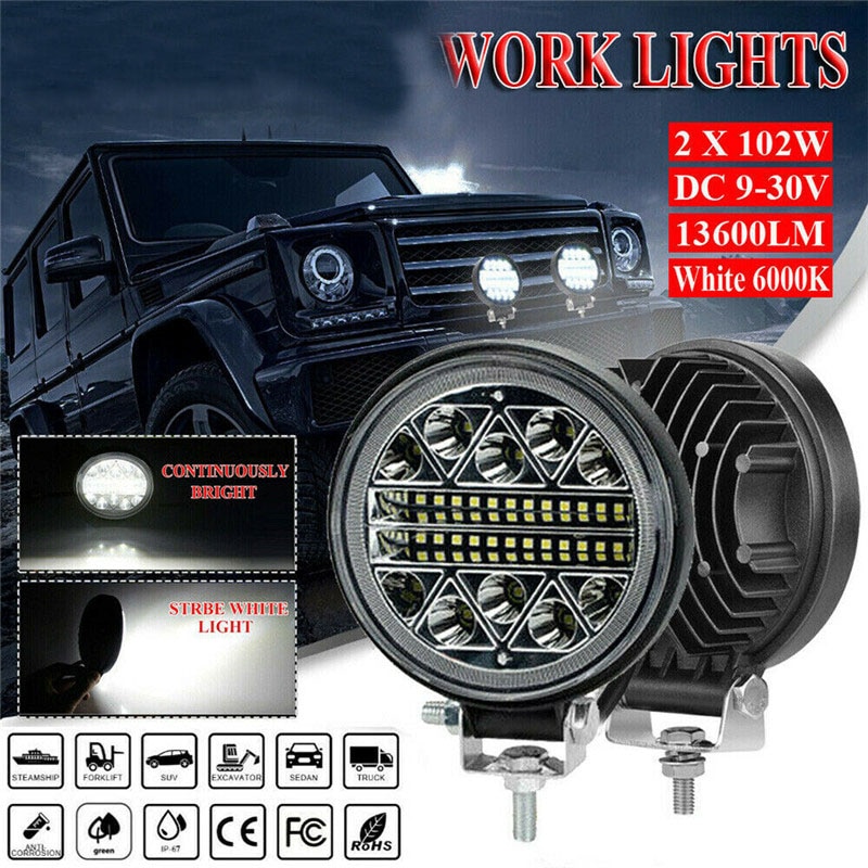 2 Stuks 102W Led Verlichting Ronde Spotlight Auto Werk Koplamp Voor Truck Offroad Fog Lamp Night Rijden Lichten voor Suv Atv