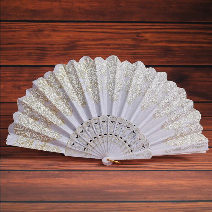 Chinese Vintage Bamboe Vouwen Fan Hand Held Bloemenprint Fan Dance Party Pocket 7 Kleuren: white