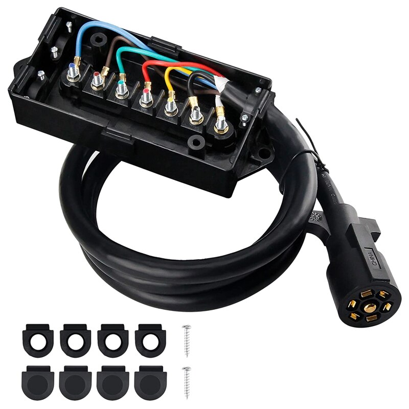 7 Way Plug Inline Trailer Cord &amp; 7 Gang Junction Box, 6 Feet Connector Cable Wiring Harness For RV Trailer Truck Camper