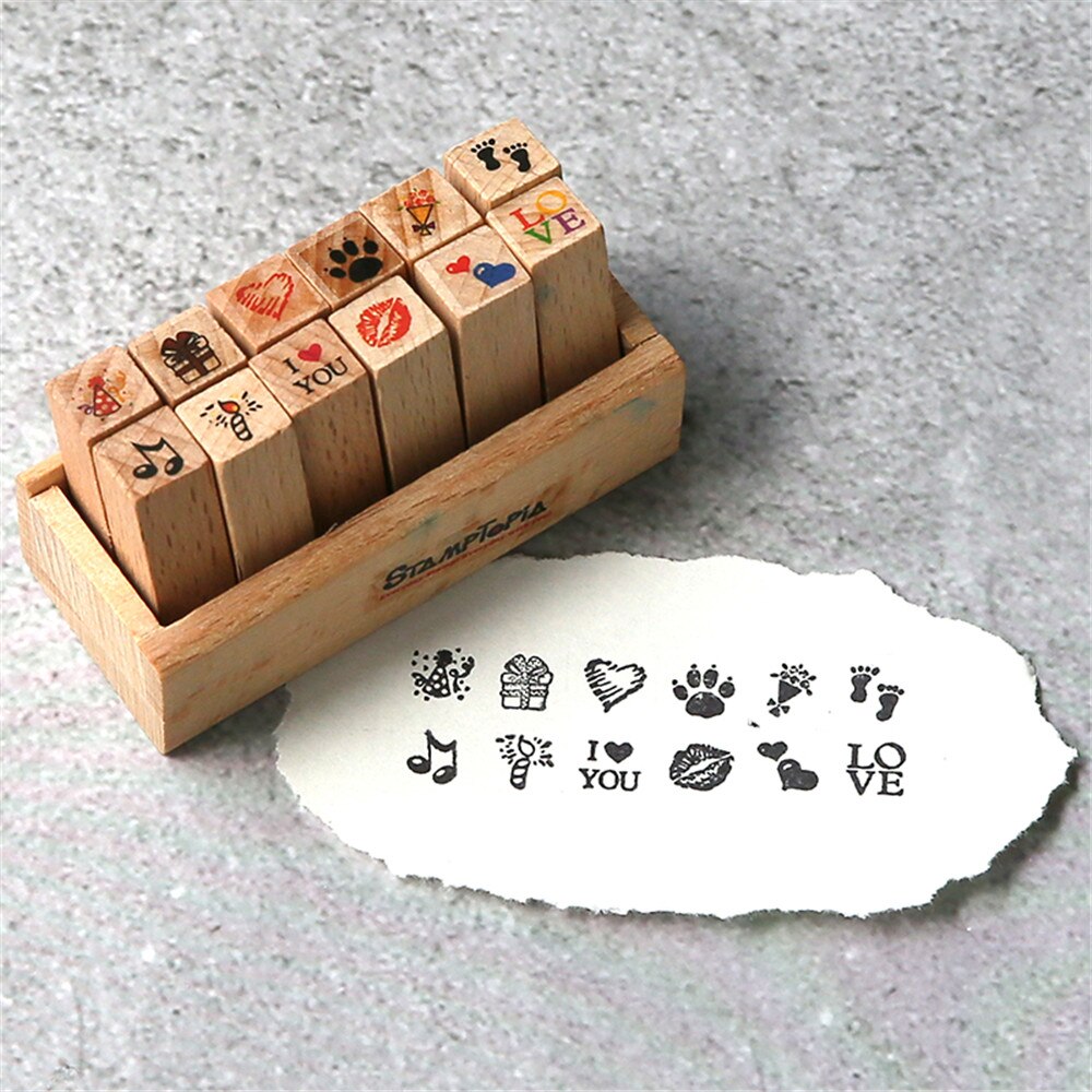 Tiardey 12 stuks mini schattige houten stempels DIY dagboek scrapbook stempels set met houten kist - Life