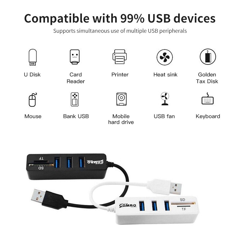 Lector de tarjetas de 3 puertos USB Hub 2 Solt, USB 2,0, tarjeta Micro SD TF, adaptador de ordenador, extensión para disco duro, ratón con cable, divisor de teclado