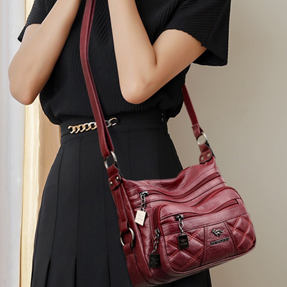 Diamant Gitter Viele Taschen Schulter Tasche Weiche Leder Umhängetaschen für Frauen Damen Reisetasche Handtaschen