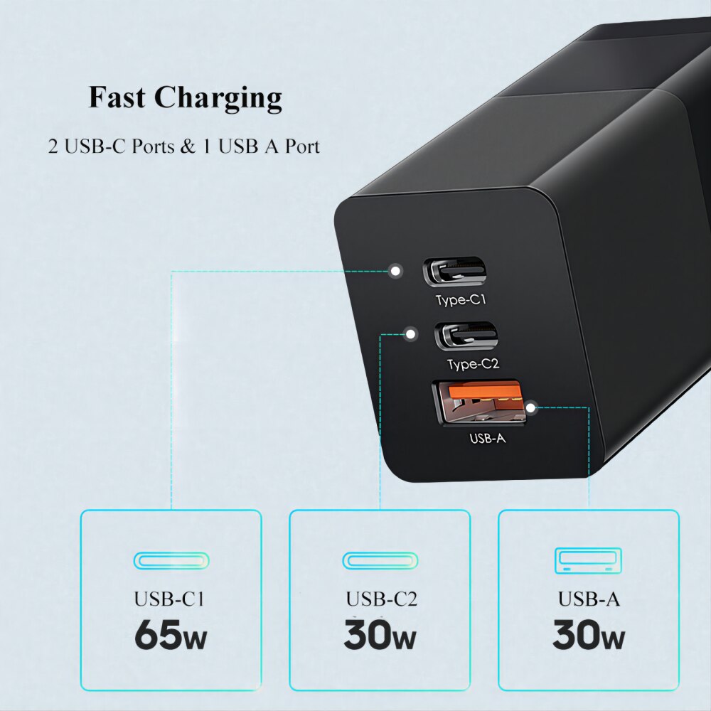 VATID 65W GaN Ladegerät USB Ladegerät Desktop USB Ladestation mit 2 USB C Ports 1 USB EINE Port für iPhone 12 Laptop MacBook