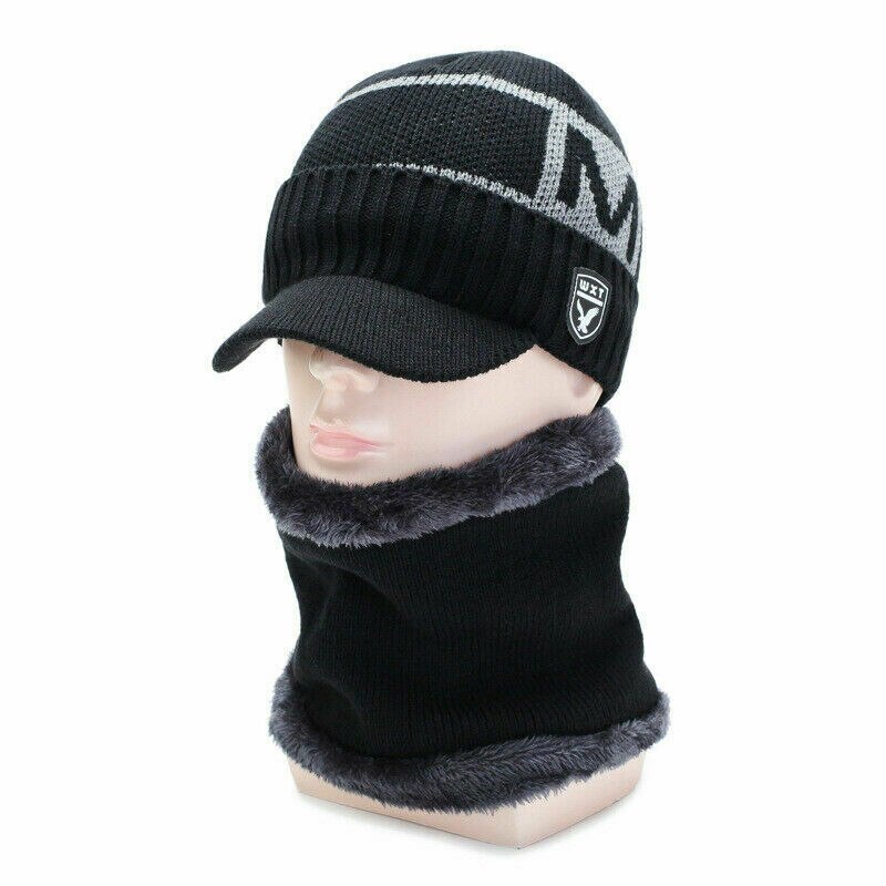 Brand Men Warm Winter Hat Knit Visor Beanie Fleece Lined Billed Beanie with Brim Cap