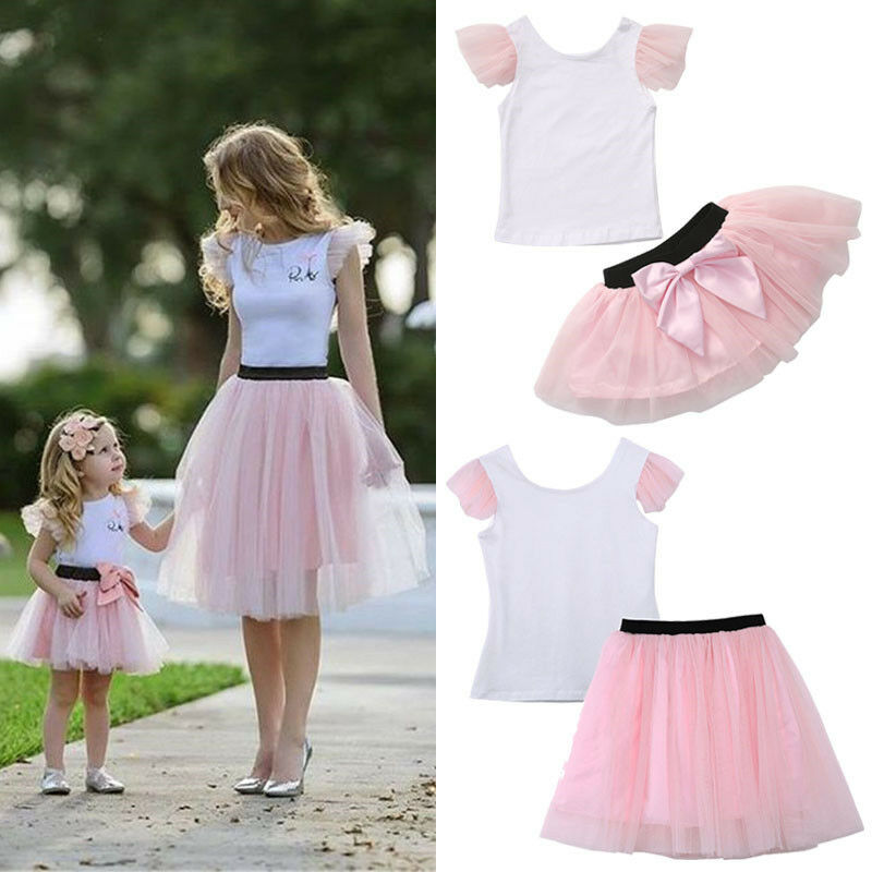 2pcs Mom Daughter Matching Clothes Women Girls Short Sleeve T-shirt Tee Short Bow Knot Tutu Skirt Summer Casual Outfits