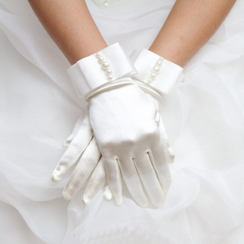Womens Korte Volledige Vingers Faux Parel Kralen Bridal Wedding Handschoenen Met Bow Satin